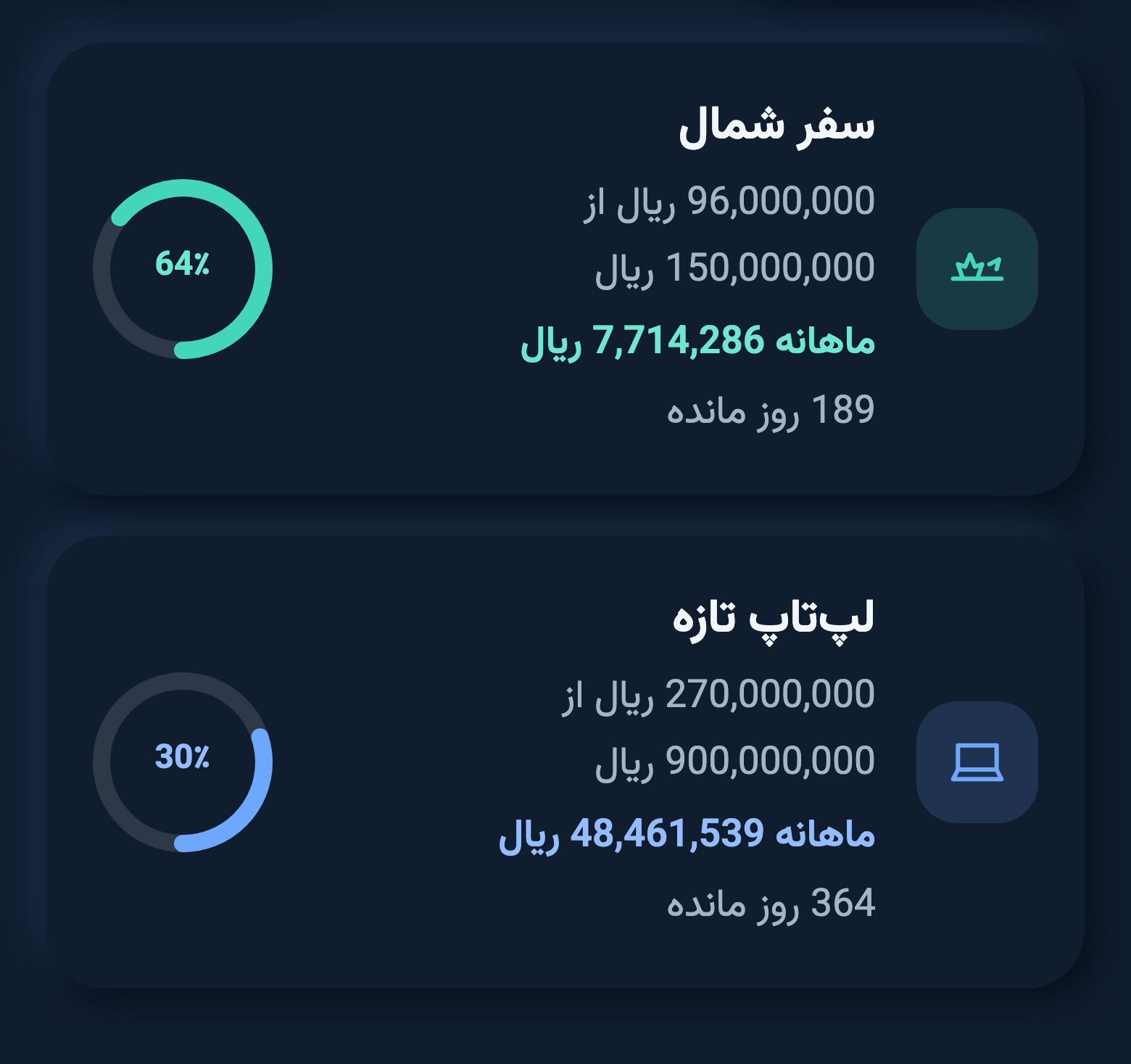 دو هدف پس‌انداز در جیب با درصد پیشرفت