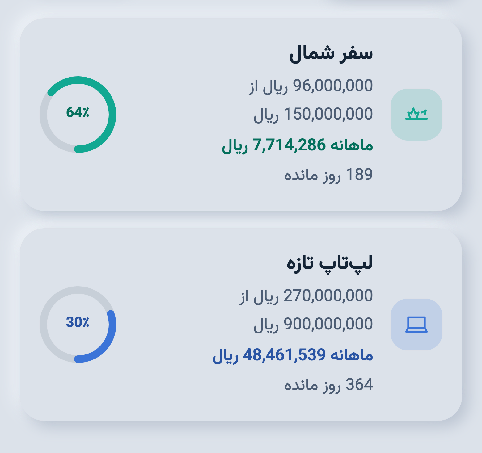 دو هدف پس‌انداز در جیب با درصد پیشرفت